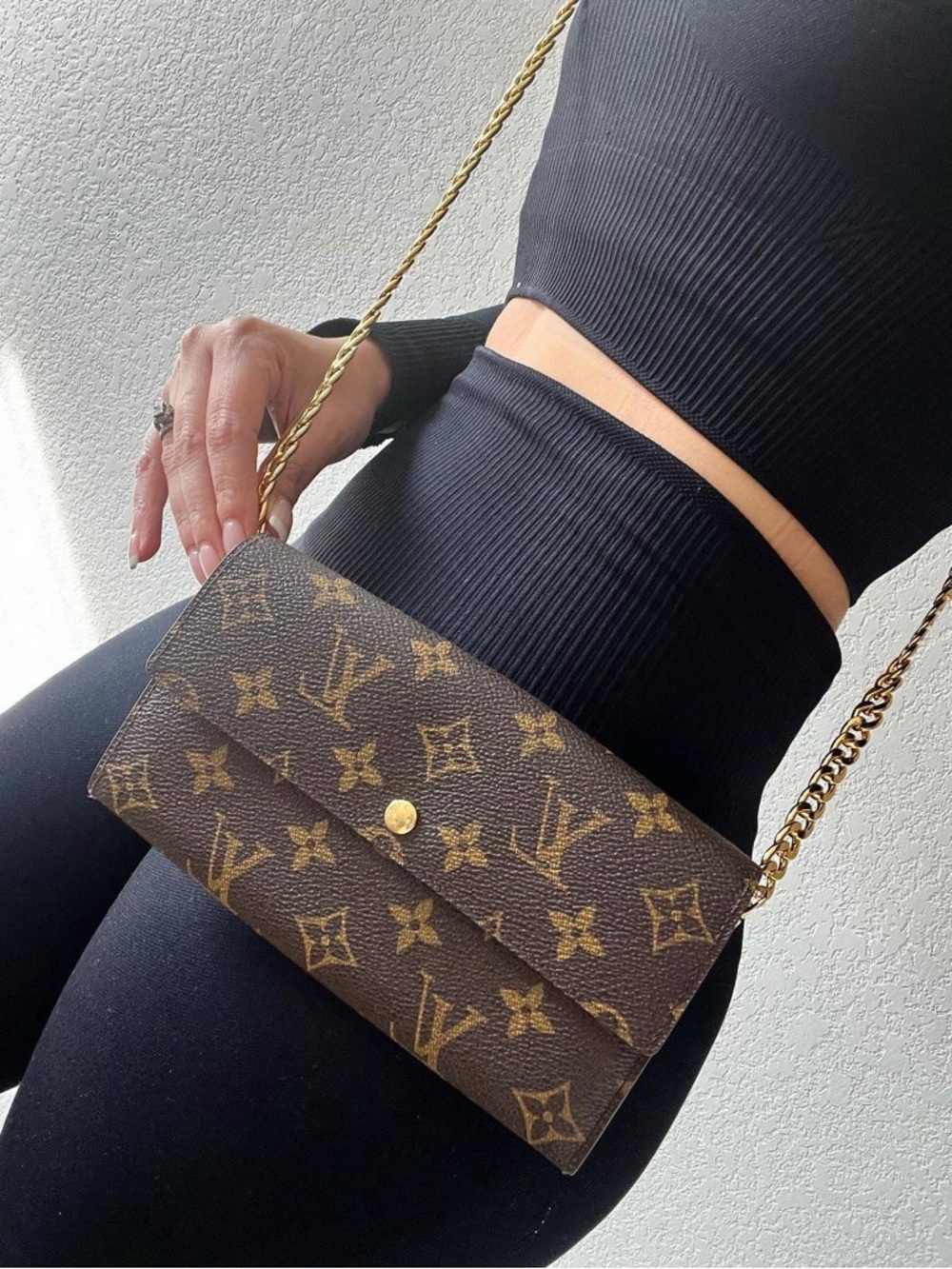 Louis Vuitton Brown Monogram Crossbody Wallet with Gold Chain